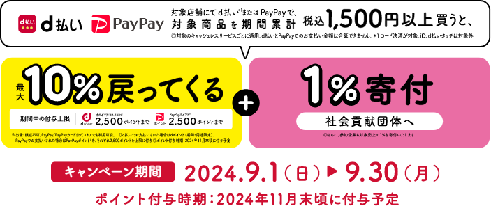 当店にてd払い※1またはPayPayで、対象商品を期間累計税込み1,500円以上買うと、最大10％戻ってくる＋1％寄付　キャンペーン期間2023.9.1（金）→9.30（土） ポイント付与時期：2023年11月末頃に付与予定